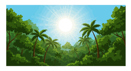 Lush jungle scene with palm trees under a bright radiant sun and blue sky © Zals Images