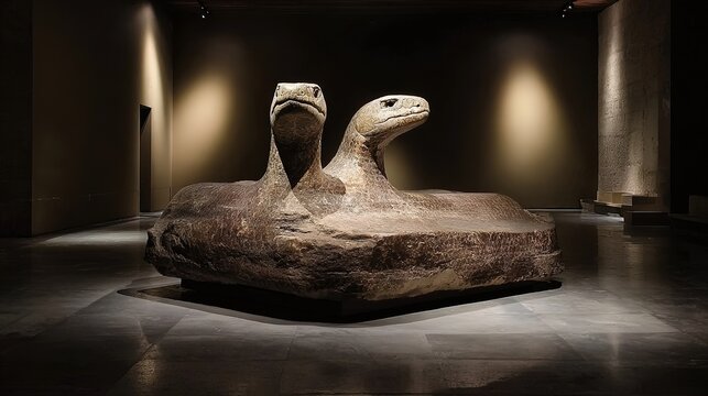 A fossilized two-headed serpent emerging dramatically from stone under museum lighting, evoking ancient mysteries.