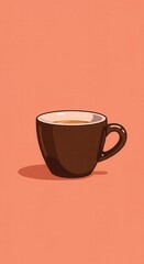 Obraz premium A simple, stylized illustration of a brown coffee cup filled with light brown liquid, presented against a vibrant coral background.