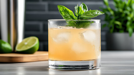 Refreshing cocktail glass with ice and basil garnish, perfect for summer enjoyment