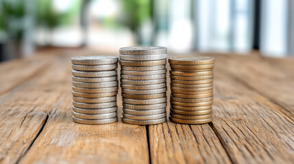 Close up of stacked coins resembling bar graph on wooden table, symbolizing finance and growth