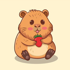 Cute cartoon capybara holding a strawberry