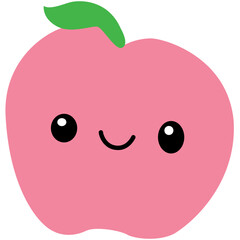 Cute pink peach with a smiling face and green leaf, playful kawaii fruit character for kids' designs or summer themes.

