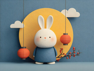 Adorable 3D white bunny character with festive lanterns and moon, celebrating springtime joy and new beginnings