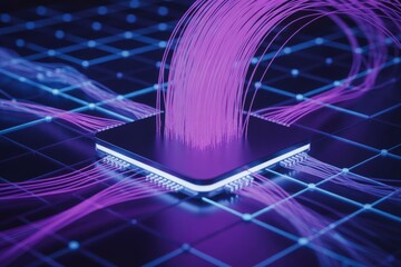 Futuristic abstract technology data flow with purple fibers and glowing network grid