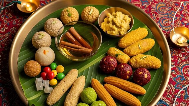 Golden Plate with Assorted Traditional Sweets Displayed on a Banana Leaf Against a Red Patterned Cloth Backdrop Warm Light