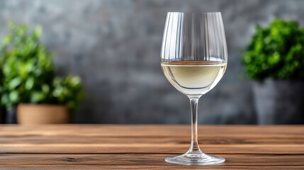 Elegant crystal wine glass filled with white wine, set against blurred background of greenery