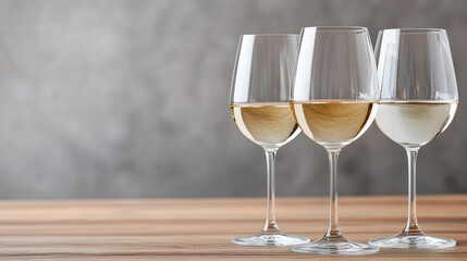Elegant wine glasses filled with white wine on wooden table create sophisticated atmosphere