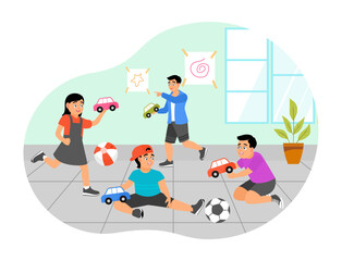 Children playing toys concept. Kids play toys and games together in kindergarten.