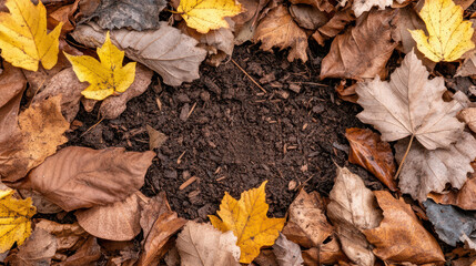 Fototapeta premium Fallen leaves surround rich soil, creating natural frame that evokes sense of autumn beauty