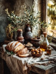 Rustic bread and olives on a weathered table by a window