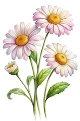 Fototapeta premium Watercolor Daisies with Subtle Pink and Yellow Tones on a White Background