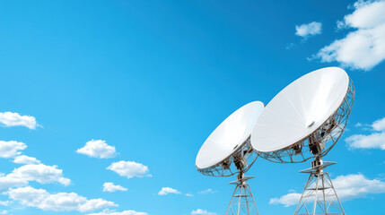 Close up of satellite dish arrays against clear blue sky with fluffy clouds
