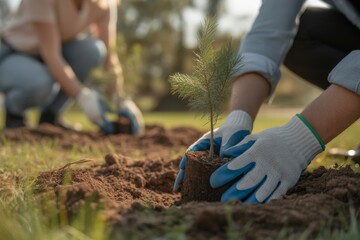 Fototapeta premium Two people wearing gloves planting a small tree or plant in a sunny outdoor garden space.