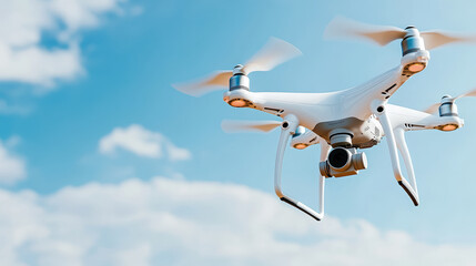 Close up of drone flying against blue sky with clouds, showcasing advanced technology and design