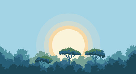 Sunset over stylized forest with three prominent trees in silhouette