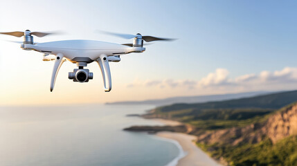 Aerial view of drone flying over scenic coastline, capturing stunning landscapes and nature