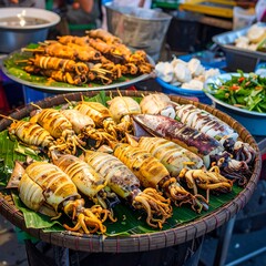 Grilled squid skewers at a market