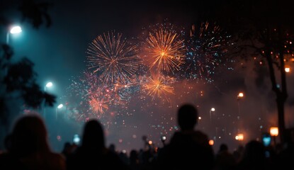Silhouetted Crowd Watching Vibrant Fireworks Display at Night