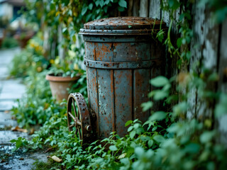 Fototapeta premium A rusted metal trash can sits in a garden next to a potted plant