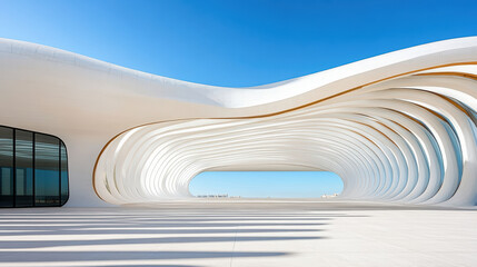 Futuristic building with smooth curves and white exterior, showcasing modern architecture