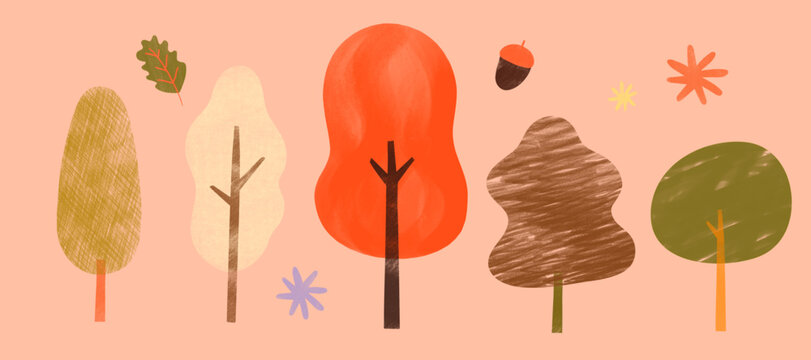 Autumn Trees Textured Illustration Set 
