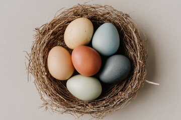 Assortment of natural colored eggs in a rustic bird's nest, top view, symbolizing new life and spring.