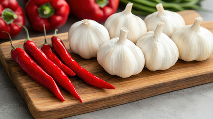 Fresh garlic and red chili peppers wooden cutting board, vibrant colors enhance kitchen appeal
