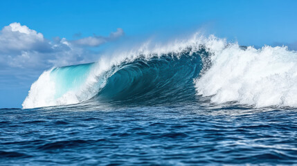 Obraz premium Cresting wave with vibrant blue water and white foam under clear sky