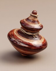 Artisan wooden spinning top with a beautiful striped grain and coiled rope.