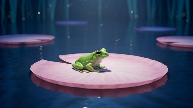 Green Frog On Pink Lily Pad In Dark Blue Pond At Night