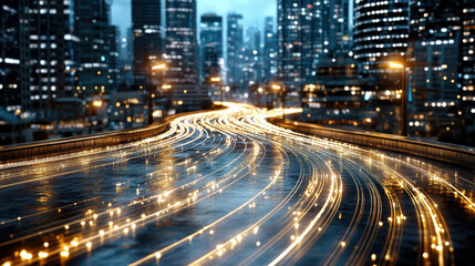 Obraz premium Glowing energy lines illuminate city skyline at night, creating vibrant atmosphere