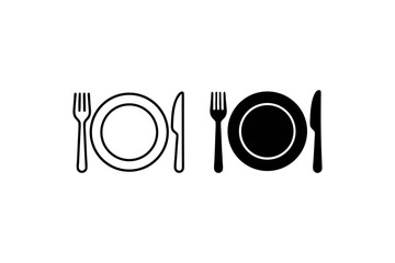 Minimalist Restaurant Icon Set Plate Fork and Knife Illustration in White and Black Graphic Design Template