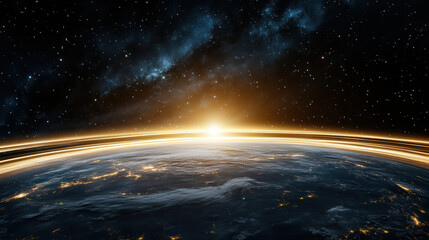 Fototapeta premium Breathtaking view of sunrise over Earth, showcasing glowing orbit paths and starry sky