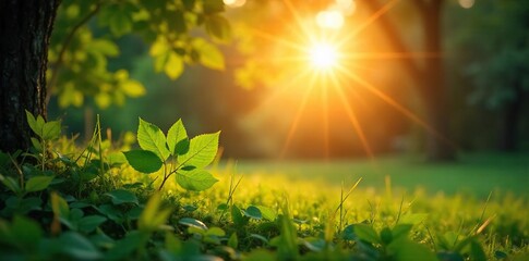 Serene nature scene at sunrise, perfect for energy meditation practices Sunlight filters through leaves, creating a peaceful atmosphere conducive to mindfulness and inner peace , spiritual, green