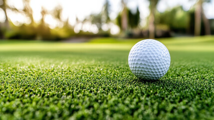 Obraz premium Close up of golf ball on green grass, showcasing serene golf course atmosphere