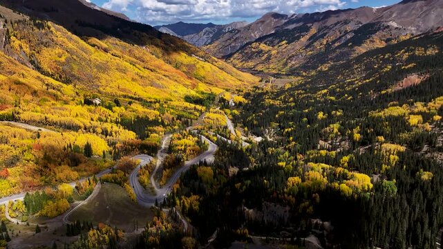 Aerial View of Colorado&rsquo;s Million Dollar Highway in Fall Colors (Tilt Up)