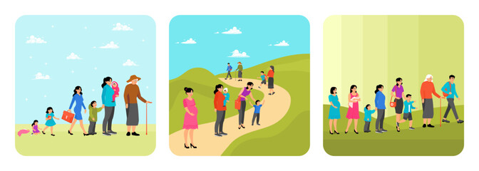 Human Growth Stages. Mother letting go growing child. Protect way baby toddler teenager adult.