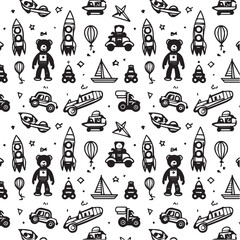 Obraz premium Playful transportation icons including planes, boats, rockets, and toys