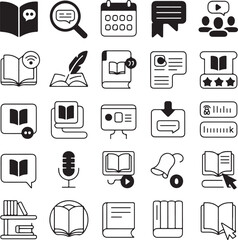 Fototapeta premium Collection of black and white icons representing education and communication book open book