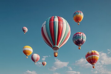 Naklejka premium Colorful Hot Air Balloons Floating in a Blue Sky with Clouds