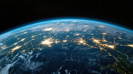 Obraz premium Aerial view of Earth showcasing illuminated cities and oceans, highlighting global connectivity