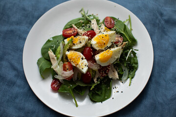 healthy salad with chicken, egg, arugula, tomatoes, avocado, spinach and onion, and light dressing with sesame seeds 