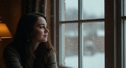 Fototapeta premium A young woman gazes thoughtfully out a window, snow falling softly outside, casting a serene and contemplative mood.