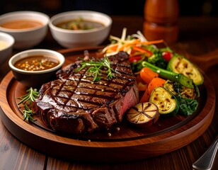 Grilled steak with vegetables and sauces