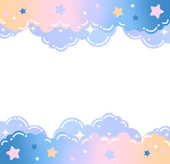 Children's abstract background of colorful flat clouds with empty space in the center, copy space. 
