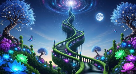 Enchanting stairway soaring amidst celestial blooms under a luminescent cosmic sky