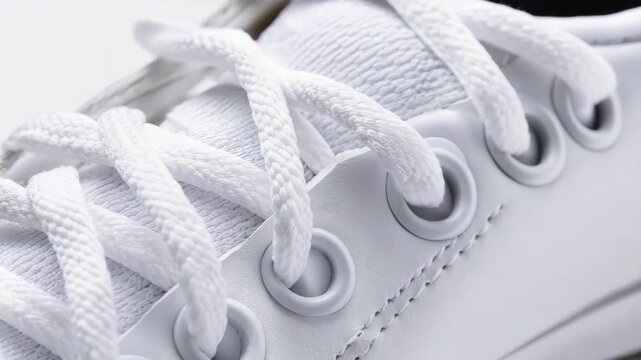 Close-up of white sneaker showing detailed lacing and eyelets