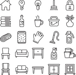 Collection of black and white line art icons for home and cleaning house lightbulb