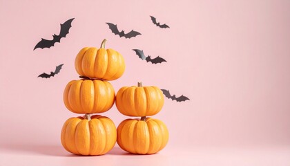 stacked jack-o'-lanterns with bat decorations on pink wall background